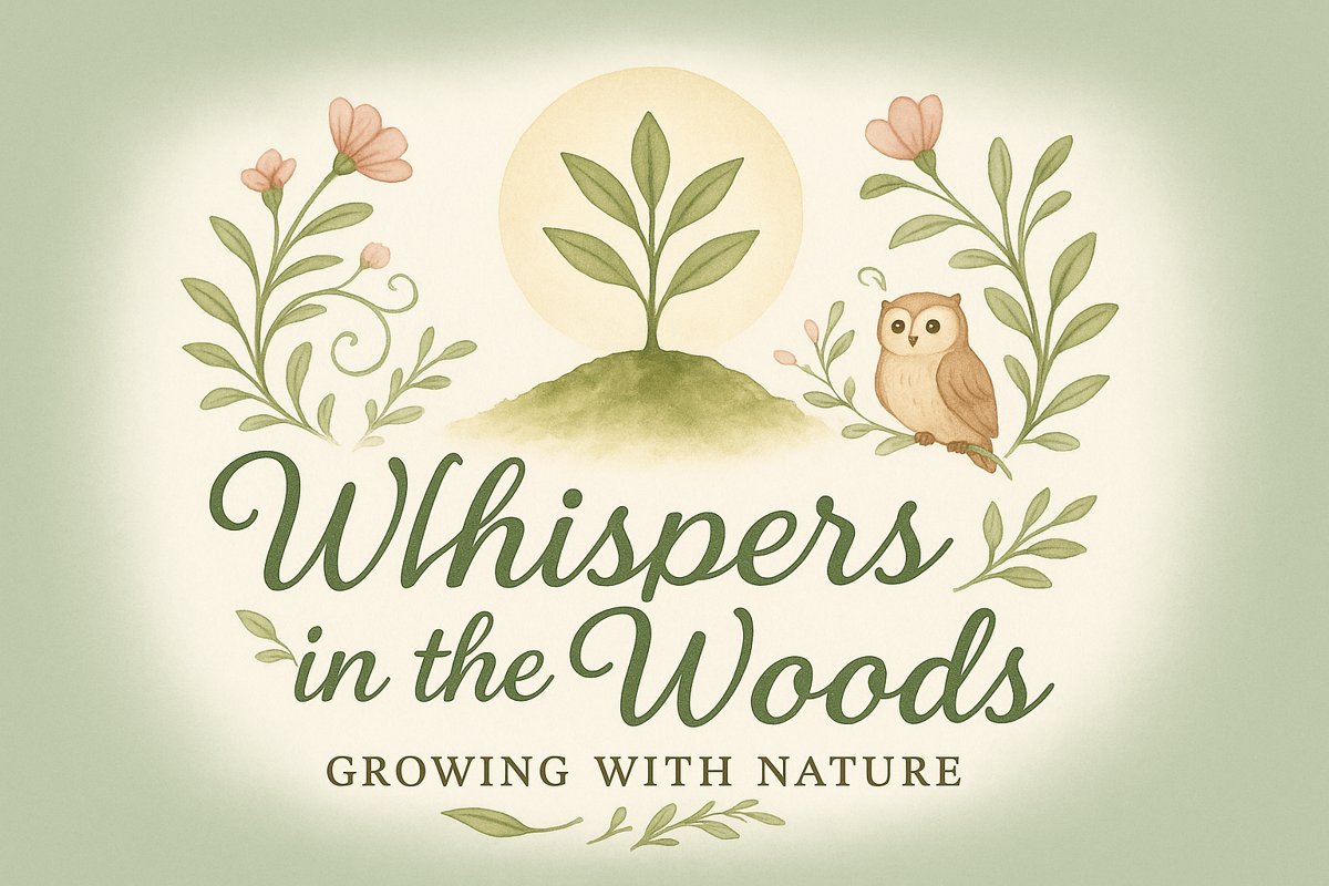 Whispers in the Woods logo: a young plant in front of a pale sun, with blossoms, leaves and a small owl. Growing with nature.